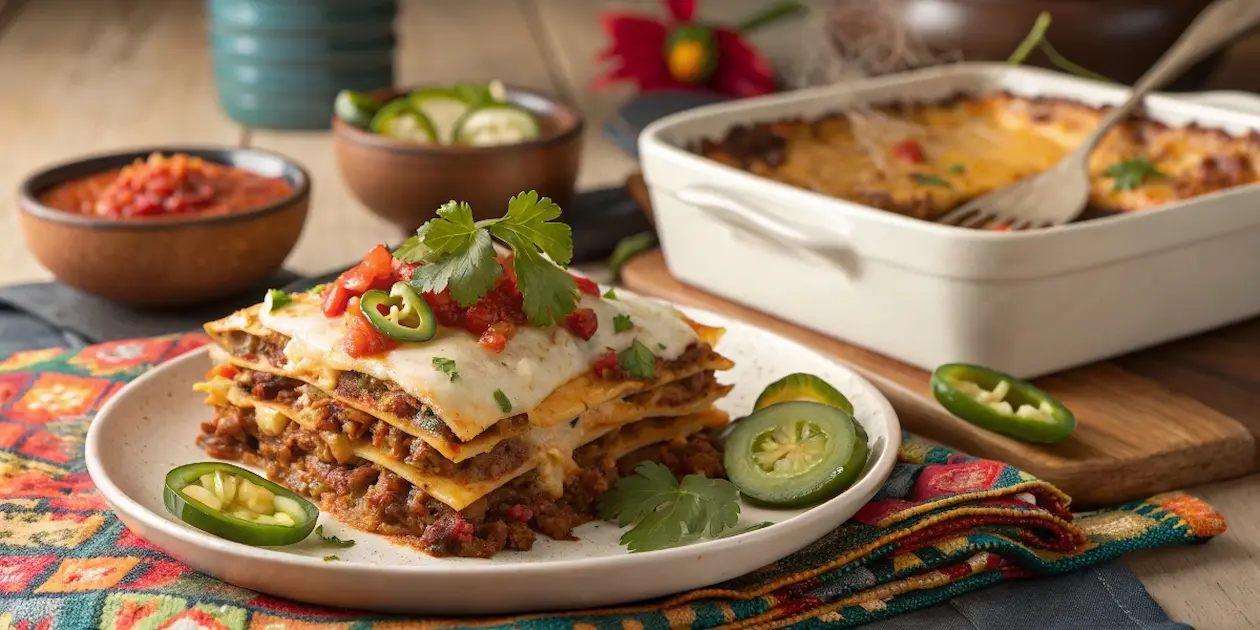 A layered Mexican taco lasagna served on a white plate, topped with melted cheese, fresh cilantro, jalapeño slices, and salsa. A casserole dish with more of the dish is visible in the background, surrounded by colorful tableware and fabric.